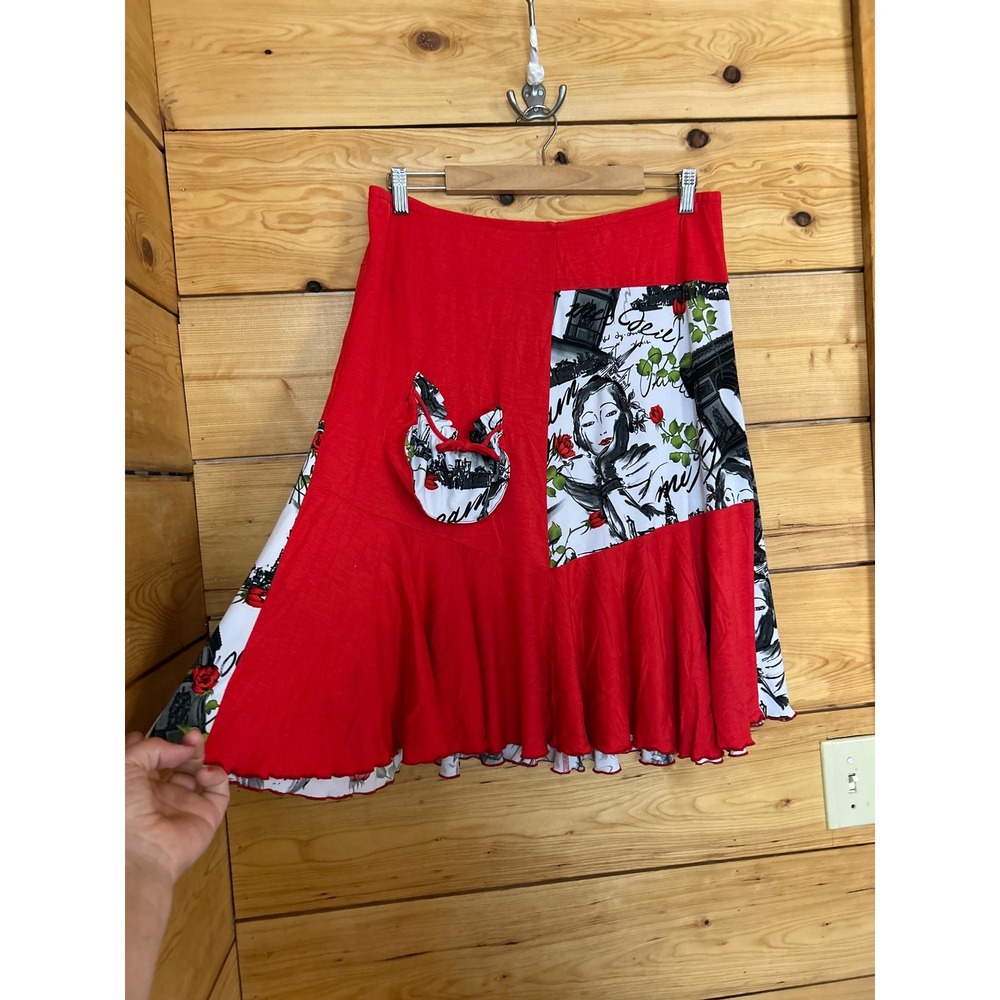 Vintage Parisian Graphic Print Midi Flare Skirt Large Red Patchwork Handmade 90s